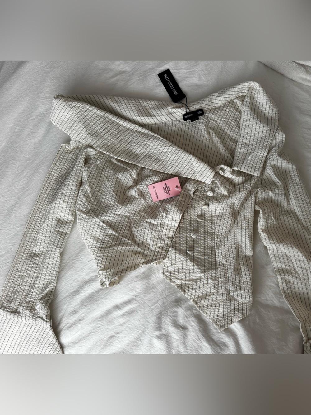 PrettyLittleThing Cream and Black Pinstripe Button-Front top